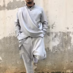 Handmade Asymmetric Draped Shirt & Cargo Pants Set: Italian Wool Blend Avant-Garde Outfit