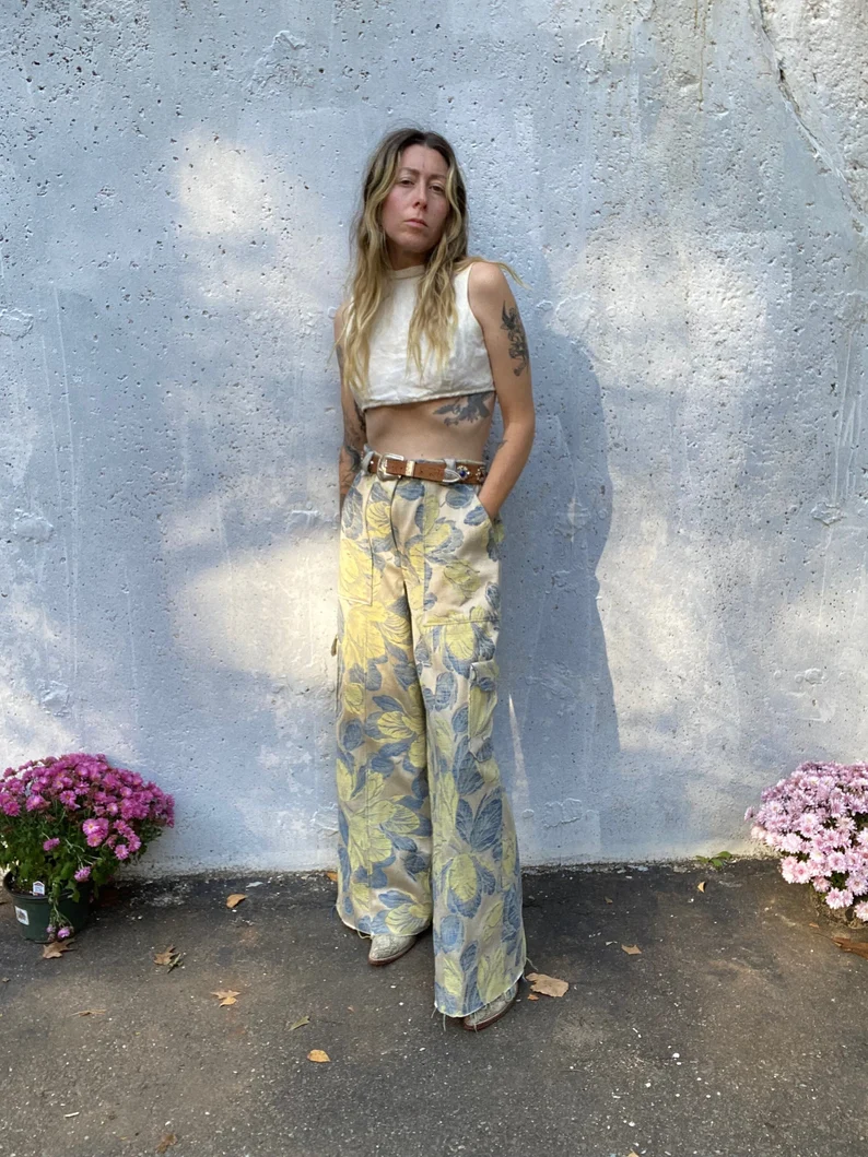 il_794xN.6014840719_9voi Handmade, Cargo Pants, One of one, Sustainable design, floral upholstery, blue yellow, springtime, chic, summer, wedding, mothers day, gift - Image 1