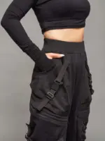 Zye Women's Drop Crotch Joggers with Buckles, Futuristic Techwear Pants with Zip Pockets - Black - Image 2