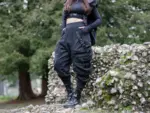 Zye Women's Drop Crotch Joggers with Buckles, Futuristic Techwear Pants with Zip Pockets - Black